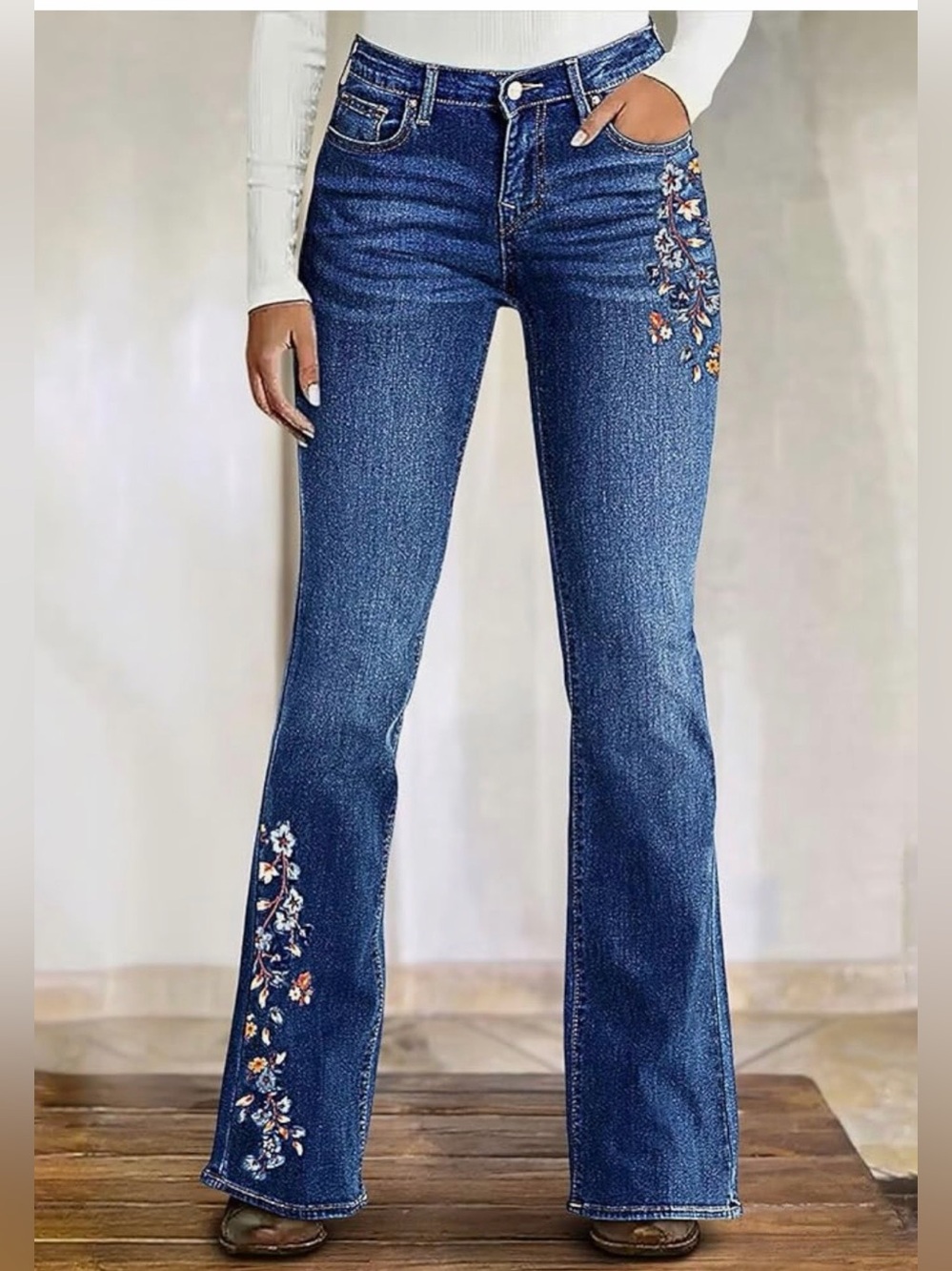 Flamingals Embroidered Mid Rise Bootcut Flare Jeans in Dark Blue